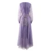 2024 Spring Purple Contrast Color Brodery Dress Long Sleeve V-Neck Tulle midja bälte Long Maxi Casual Dresses A4J09