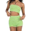 Survêtements pour femmes été vert rayé 2 pièces tenues vêtements de détente costumes épaules dénudées sans bretelles culture bustiers et ensemble short et haut