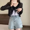 Women's Blouses Fairy Summer Lace Shirt Boho-stijl Dunne doorzichtige doorzichtige crop tops met lange mouwen Suspender jurk bijpassende pure sjaal Cardigan