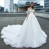 Long Train Church A Line Wedding Dresses For bride Long Sleeves Lace Appliques Sheer Neck Elegant Ivory Tulle Bridal Gowns 2024 Spring Robe De Mariee