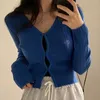 Ezgaga Cropped Cardigan Women V Neck Covered Button Solid Stretch Thin Spring Long Sleeve Knitted Tops Casual Lady Sweater 240112