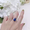 Anel de turmalina azul retrô europeu e americano, avó feminina de quatro garras, anel de diamante de simulação de safira, versão coreana, temperamento, anel de moda, feminino