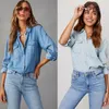 Chemisiers pour Femmes Automne Chemise en Denim Mince Poche d'épissure Confortable Blouse décontractée à Manches Longues Simple Boutonnage Hauts à Revers Dames