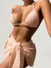 Sexy White Halter 3PCS Tied Skirt Bikini Set Women High Waist Cut Swimsuit Female Push UP Swimwear Backless Bathing Suit 240113