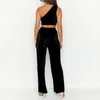 Tweedelige damesbroek, sexy 2 outfits, ronde hals, off-shoulder crop-textuur tanktop, cropped wijde pijpen, mode-set, elegante jumpsuits