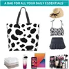 Shopping Bags Cowhide Print Tote Bag Shoulder Women Travel Beach Grocery With Zipper Reusable Picnic Work Daily Use