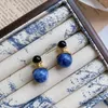 Dangle Brincos Francês Elegante Mulheres Ins Lapis Lazuli Retro Simples Duplo Bead Stud Azul Delicado Bola Estilo Chinês Eardrop