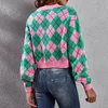 Adultos femininos contraste cor xadrez camisola jaqueta cardigan topos manga longa v pescoço argyle malha colheita topo pulôver tamanho S-XL 240113