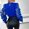 Women's Blouses Fall Spring Women Shirt See-through Mesh Round Neck Flower Decor Top Long Sleeve OL Commute Style Pullover Elegant Blouse