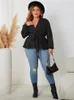 Plus Size Wrap V Neck LaceUp Women Blouse See Through Long Sleeves Top Solid Color Loose Casual Shirts Spring Elegant Tee 240112