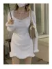 Casual Dresses Sweet White BodyCon for Women 2024 Vestidos de Mujer Square Collar Long Sleeve Tunic Robe Femme Chic Bandage Mini Dress