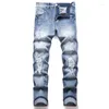 Herr jeans mode casual hål spray målad trendig high street elasticitet denim tygbyxor