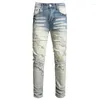 Herr jeans mode casual hål spray målad trendig high street elasticitet denim tygbyxor