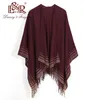 Mode Stole Véritable Laine Tricoté Poncho Wraps Pashmina Femmes Écharpe D'hiver Rayé Gland Pull Chaud Châle Foulards pour Dames 240112