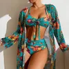 Women Swimsuit Bikini 3 Pieces Sexy Padded Bikini Set With Mesh Long-sleeved Cover Ups Brazilian Beach Bathing Suit Summer 240113