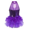 Abbigliamento da palcoscenico Ragazze Paillettes Jazz Costume da ballo latino Balletto Body Tuta Bambini Lucido senza maniche Collo a lupetto Maglia Dancewear Costumi di piume