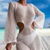 Women's Swimwear Hollow Out Bathing Suit Cover Up Round Neck Swimsuit Bikini Cover-up Dress Fashion Long Sleeve Sunscreen Sun Protection