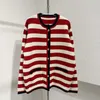 Women's Knits High Quality Red Striped Contrasting Knitted Cardigans Jacket Fashion Long Sleeve Loose Sweater Thickened Coat 2024 Spring