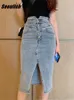 Seoulish Front Split Womens Denim Wrap kjolar Knappar Hög WASIT Jeans Kvinna Straight Pencil Midi Summer 240112