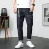 Dunkelblaue Jeans für Herren, Stretch, lockere Passform, weites Bein, Frühling, Sommer, lässige Haremshose, elastische Taille, Streetwear, Patchwork, inklusive Gürtel 240113