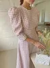HMA Korean Chic French Style Spring Summer Tweed Dress for Women Celebrity Pink Plaid Woolen Dresses Vestidos 240112