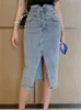 Seoulish Front Split Womens Denim Wrap kjolar Knappar Hög WASIT Jeans Kvinna Straight Pencil Midi Summer 240112