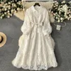 Palace Style Dress 2024 New Heavy Industry Embroidered Hollow Flower Slim Fit Mid length Bubble Sleeve Dress