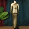 Robes décontractées Sexy une épaule dos nu à manches longues robe moulante soirée femmes élégantes taille haute brillant plis Maxi