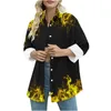 Kvinnors blusar Spring Flame Print Long Shirt Blue Women Fashion Button Sleeve Shirts For 2024 Casual 3D Tops