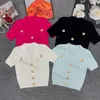 Suéter de moda para mujer, jersey con cuello en V, prendas de punto informales con botones, camisetas de punto de manga corta para niñas de 4 colores