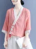 Casual Dresses Summer Ethnic Style Cotton and Linen Shirt Chinese Button Up Tie 3/4 Sleeve Patchwork Cardigan Thin Top for Women