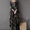 Casual Kleider Vintage Floral Gedruckt Ethnischen Stil Baumwolle Leinen Übergroßen Maxi Kleid Frauen Unregelmäßige Halbe Hülse Streetwear Robe