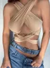 Kvinnors tankar Camis Kvinnor Strappy Cross Over Front Cut Out Halter Neck Sleeveless Backless Wrap Crop Top Bandage Vest Sommar Sexig toppar Kvinna