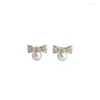 Studörhängen Real 925 Sterling Silver 14K Gold Bow Pearl For Women Piercing Luxury Smycken föremål med smycken