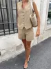 Tracksuits voor dames 2024 Spring Summer Women Solid Khaki Office Shorts Set V-Neck 2 Two-Piece matching sets voor