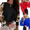 Women's Blouses Fall Spring Women Shirt See-through Mesh Round Neck Flower Decor Top Long Sleeve OL Commute Style Pullover Elegant Blouse