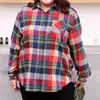 Moda Kore Bahar Sonbahar Uzun Kollu Tek Göğüslü Bluz Artı Beden Kadın Poloneck Patchwork Cepleri Ekose Baskı Gömlek 240112