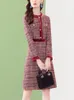 EVNISI Vintage Tweed Dress Winter Diamonds Ruffle Wine Elegant Dresses Plaid Beaded Woolen Flamingo Dress Women Autumn 240112