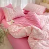 Korean Princess Pink Seersucker Bedding Kawaii Bed Skirt Duvet Cover Solid Color Queen Size Double Sheets Sets For Girls 240113