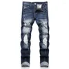Herr jeans mode casual hål spray målad trendig high street elasticitet denim tygbyxor