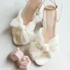 Stylish Comfortable Bow Wedding Shoes For Bride Chunky High Heel Women Sandals Summer Open Toe Flock Cloth Block Ladies Party Evening Sandal Solid Color