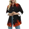 Kvinnors blusar Spring Flame Print Long Shirt Blue Women Fashion Button Sleeve Shirts For 2024 Casual 3D Tops