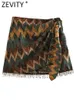 Zevity mulheres vintage impressão geométrica atada mini sarong saia faldas mujer feminino miçangas borla casual zíper vestidos qun1436 240112