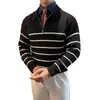 Herrtröjor vänder krage långärmad tröja för höst vinter koreansk överdimensionerad vintage casual pullover halv blixtlås randig stickad topp