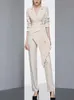 EST 2023デザイナー女性ファッションブレザー2ピースセットパッチワークヴィンテージスーツジャケットストレートパンツスーツ女性シックな衣装240112