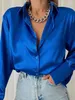 女性のブラウス秋のシャツポロ襟オフィスレディーブラウスビンテージブルーグリーンルーズボタンダウンシャツブラックファッショントップス