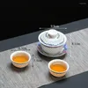 Service à thé en céramique Gaiwan en porcelaine bleue et blanche, comprenant 1 théière et 2 tasses, bouilloire créative pour bureau