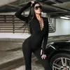 Effen V-hals Lange Mouwen Met Schoudervullingen Bodycon Jumpsuit Vrouw Herfst Winter Mode Elegant Club Y2K Sport Jumpsuits 240112