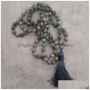 Pendant Necklaces Men Healing Meditation Gift Traditional Hand Knotted 108 Prayer Beads 8Mm Labradorite Stone Grey Tassel Necklace Dr Dhz1A