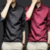 Koreli moda erkekler uzun kollu pürüzsüz gömlekler bahar yaz sokak kıyafeti büyük boy ince şarap kırmızı iş ofisi sıradan sosyal 240112